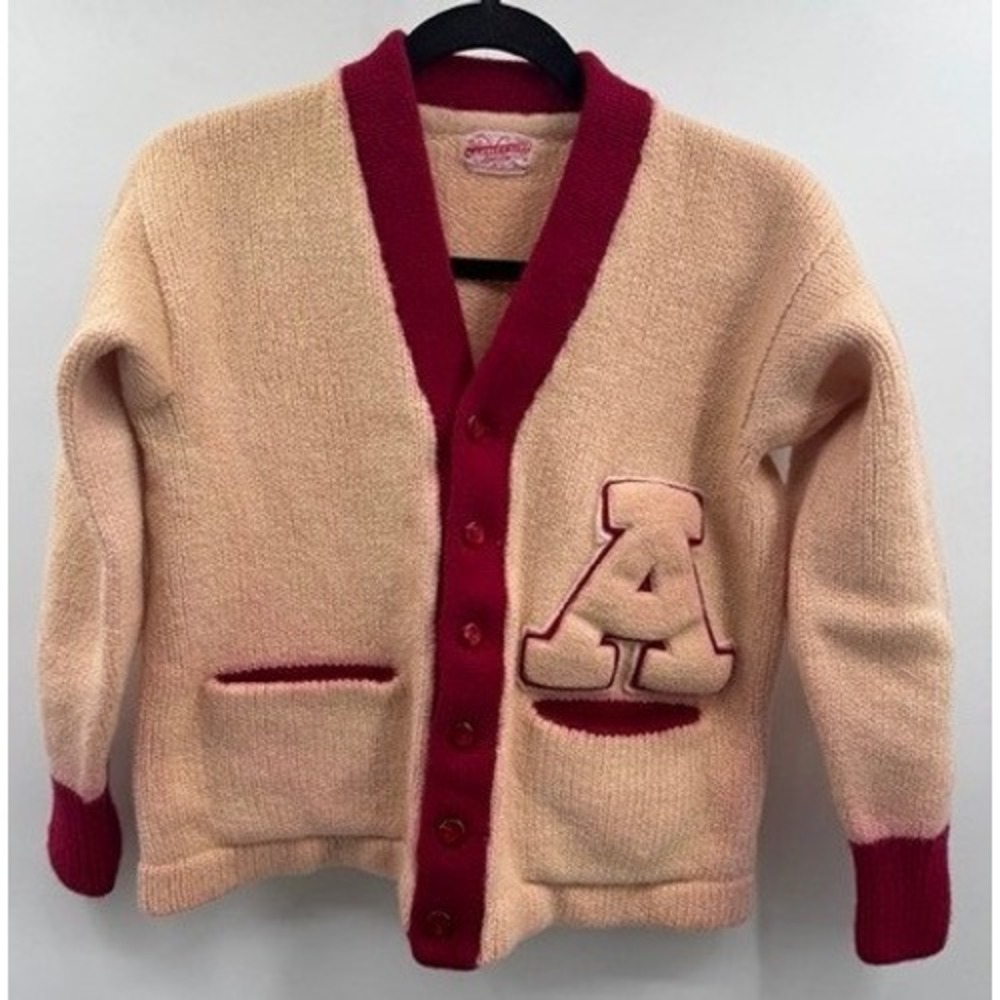 Vintage Womens Varsity Club Cream Red Letterman A Cardigan Sweater SMALL Retro